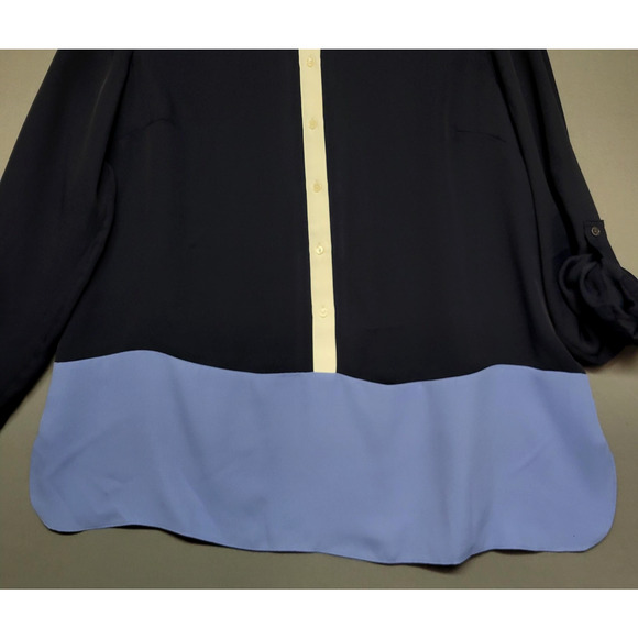 Talbots Shirt Womens XL Navy Blue Color Block Button Front Roll Tab Long Sleeve - Picture 6 of 12